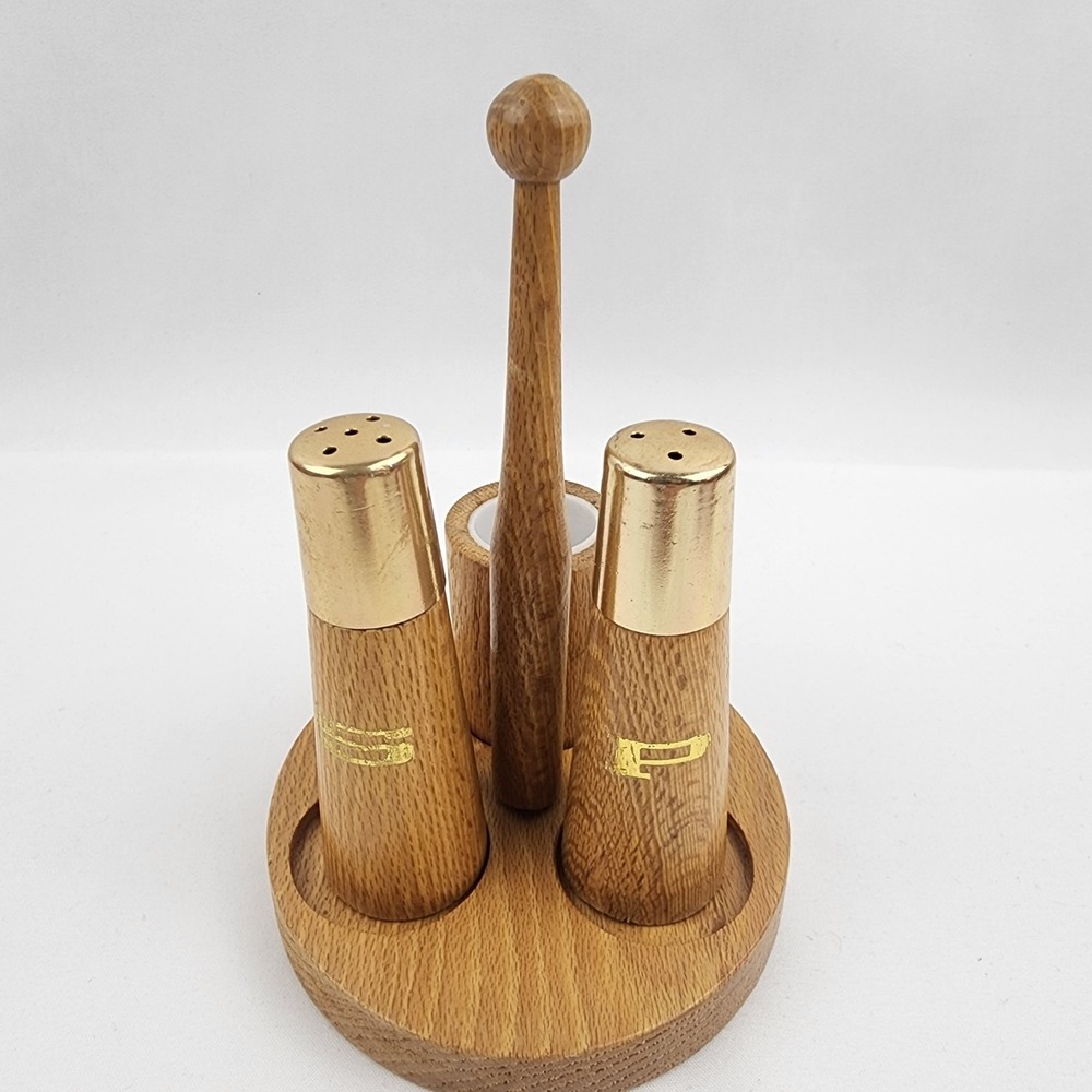Vtg. Wooden Salt and Pepper and toothpick holder‎ MCM Gold 3in x 2.5 in. Kitchen